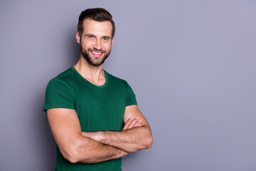 Photo of attractive guy business man boss worker neat hairdo bristle smiling beaming good mood arms...