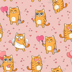 Vector seamless pattern with cute red cat in love, St Valentine's Day funny romantic background - 363505666