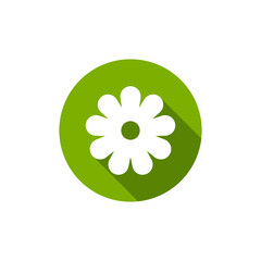 White flat icon of flower with shadow in green circle. Isolated on white. Vector illustration.
