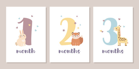 Cute baby month anniversary card with numbers and animals, 1 - 12 months, vector illustration - 363505817