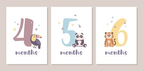 Cute baby month anniversary card with numbers and animals, 1 - 12 months, vector illustration - 363505857