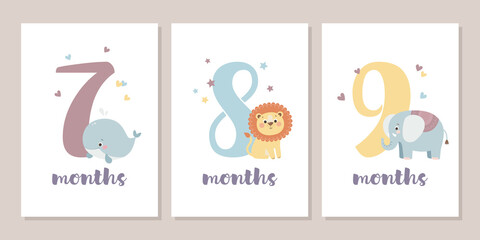 Cute baby month anniversary card with numbers and animals, 1 - 12 months, vector illustration