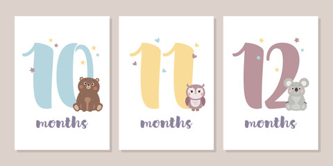 Cute baby month anniversary card with numbers and animals, 1 - 12 months, vector illustration - 363505895