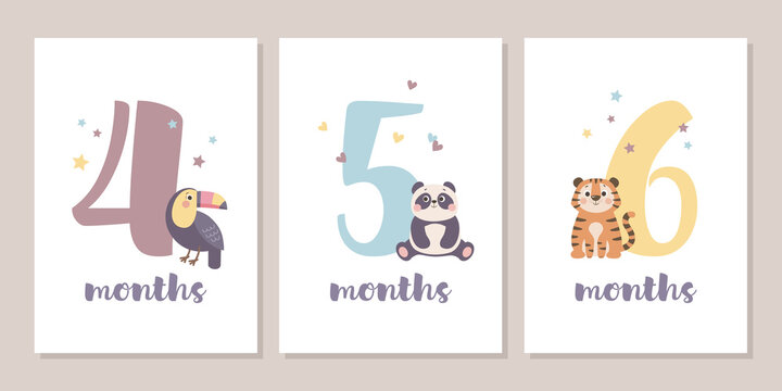 Cute Baby Month Anniversary Card With Numbers And Animals, 1 - 12 Months, Vector Illustration