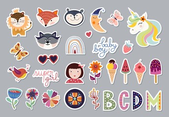Kids elements collection with trendy design, animals, flowers, letters, cute stickers set

