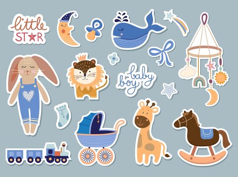 Baby boy elements collection, baby shower stickers set, trendy