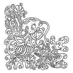 Under water. Marine vector motif . Doodle of the underwater world, sea, ocean, river . Monochrome. Aquariums. Copy the space for the text