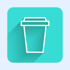 White line Coffee cup to go icon isolated with long shadow. Green square button. Vector Illustration.