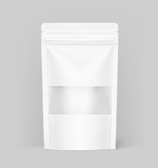 Pouch bag with ziplock and transparent window mockup on grey background. Vector illustration. Front view. Can be use for template your design, presentation, promo, ad. EPS10.	