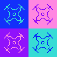 Pop art line Drone flying icon isolated on color background. Quadrocopter with video and photo camera symbol. Vector Illustration.