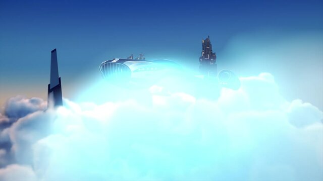 Futuristic personal air car flying above clouds and skyscraper towers. Panoramic science fiction theme.