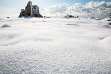 Uluzzo tower after a exceptional snowfall, Salento, Italy