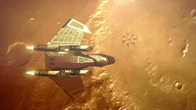 spaceship flying over alien planet surface and colonial base.