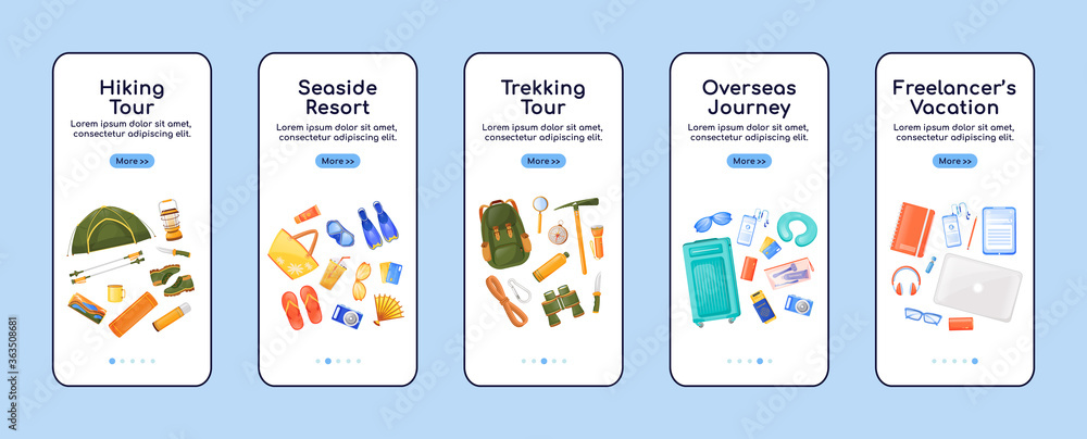 Poster journey essentials onboarding mobile app screen flat vector template