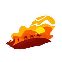 Camels walk in dunes 2D vector web banner, poster