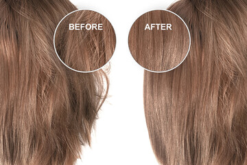 Brown hair before and after treatment, straightening