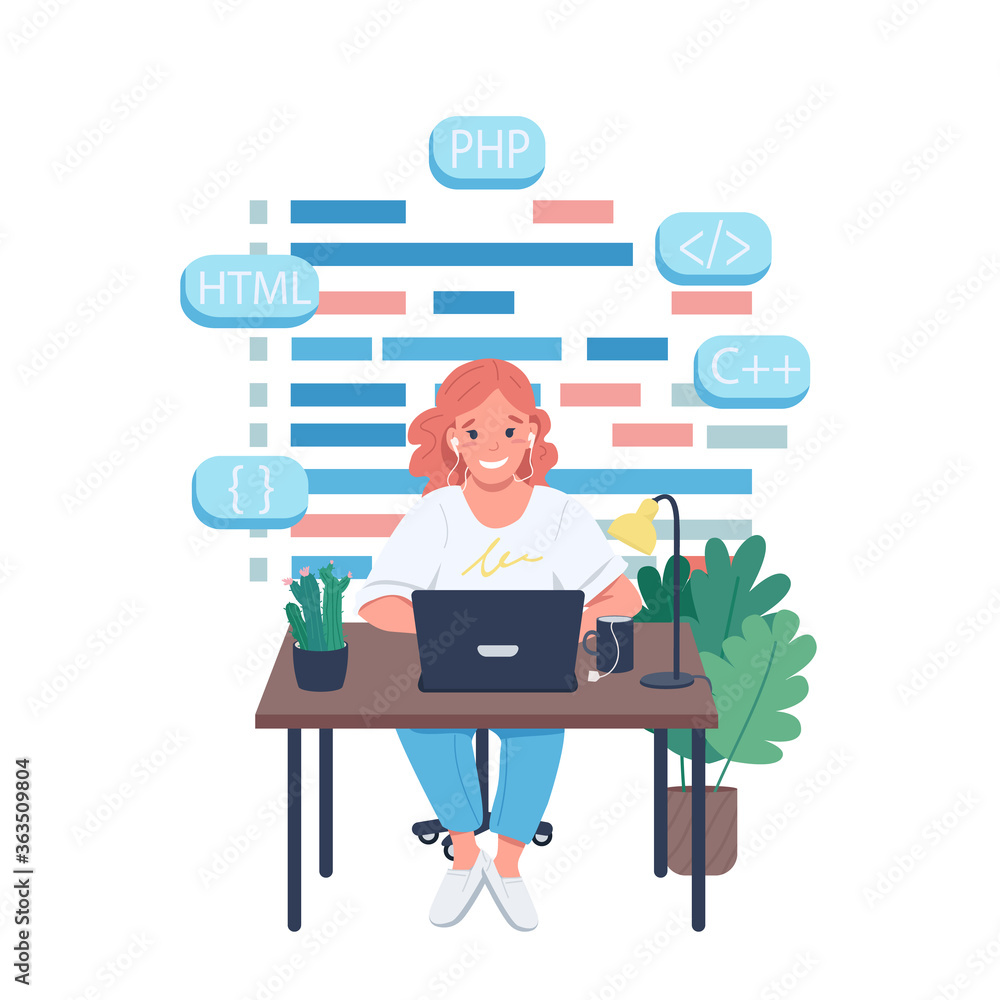 Poster female programmer flat color vector detailed character