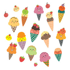 set of hand drawn vector ice cream with cute pastel color. simple ice cream cone collection illustration for sticker, label, tag, gift wrapping paper
