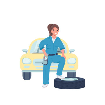 Woman car mechanic flat color vector detailed character