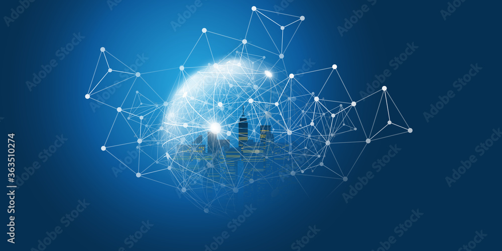 Poster futuristic smart city, iot and cloud computing design concept with polygonal mesh, cluster and nodes