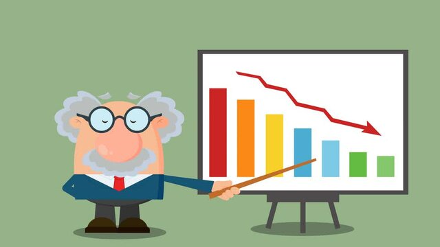 Professor Or Scientist Cartoon Character With Pointer Presenting A Falling Chart. 4K Animation Video Motion Graphics With Background