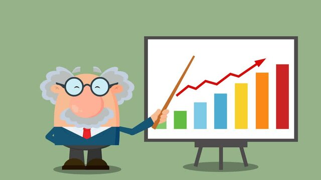 Professor Or Scientist Cartoon Character With Pointer Presenting A Progressive Chart. 4K Animation Video Motion Graphics With Background