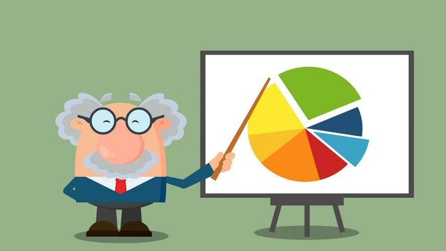 Professor Or Scientist Cartoon Character Pointing Progressive Pie Chart On A Board. 4K Animation Video Motion Graphics With Background
