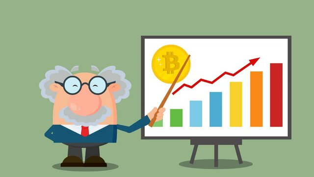 Professor Or Scientist Cartoon Character With Pointer Discussing Bitcoin Growth With A Bar Graph. 4K Animation Video Motion Graphics With Background
