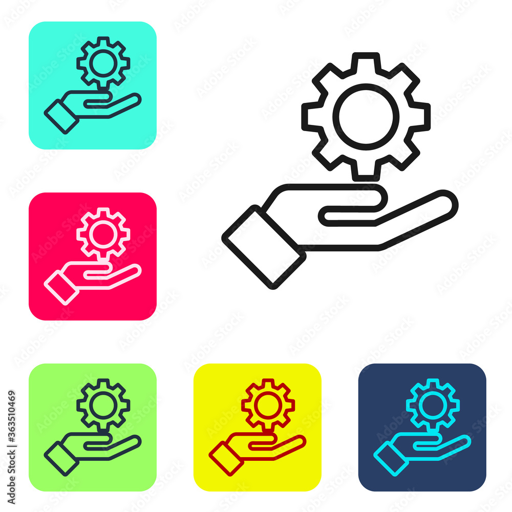Aufkleber black line settings in the hand icon isolated on white background. set icons in color square buttons