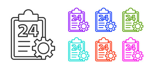 Black line Checklist clipboard with 24 hours service icon isolated on white background. Set icons colorful. Vector Illustration.