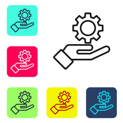 Black line Settings in the hand icon isolated on white background. Set icons in color square buttons. Vector Illustration.