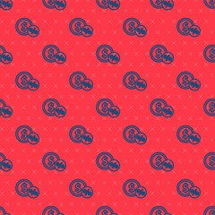 Blue line Money coin with percent icon isolated seamless pattern on red background. Cash Banking currency sign. Vector Illustration.