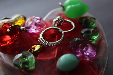 Wedding or engagements rings display with selective focus. Beautiful love and romance background.