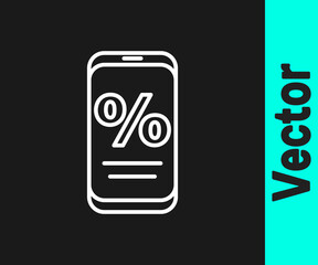 White line Percent discount and mobile phone icon isolated on black background. Sale percentage - price label, tag. Vector Illustration.