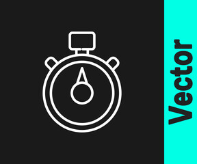White line Stopwatch icon isolated on black background. Time timer sign. Chronometer sign. Vector Illustration.