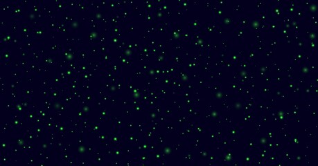 Green sparkles on a dark blue background, fireflies flying in the night. Abstract lightning bugs in the evening sky. Glowing stardust light effect. Vector backdrop.