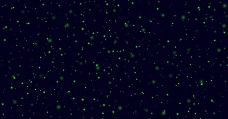 Green sparkles on a dark blue background, fireflies flying in the night. Abstract lightning bugs in the evening sky. Glowing stardust light effect. Vector backdrop.