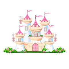 The magical castle of a beautiful princess. Beautiful fairytale castle illustration. Vector illustration.