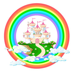 The magical castle of a beautiful princess in the clouds. Beautiful fairytale castle illustration. Vector illustration.