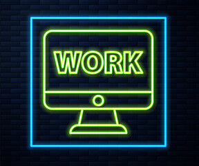 Glowing neon line Computer monitor with text work icon isolated on brick wall background. Vector Illustration.