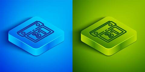 Isometric line Calendar icon isolated on blue and green background. Event reminder symbol. Square button. Vector Illustration.