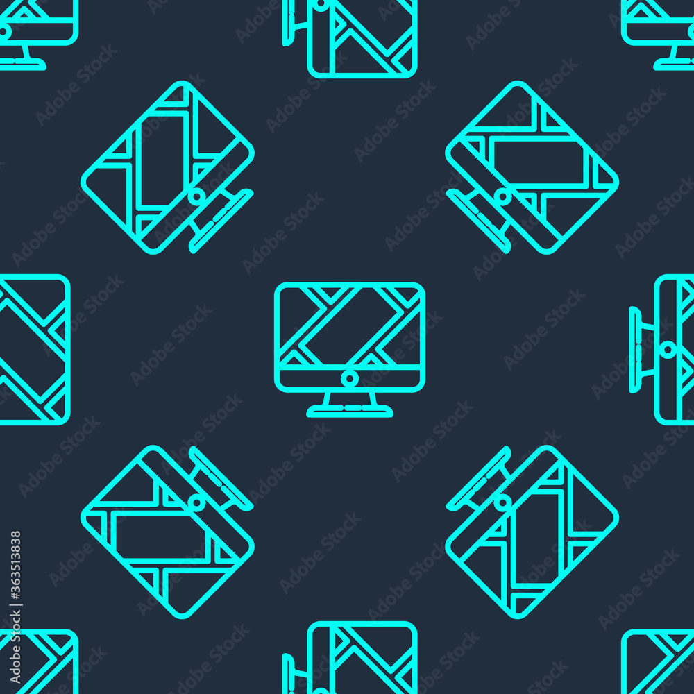 Fototapete green line computer monitor and folded map with location marker icon isolated seamless pattern on bl