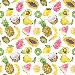 Watercolor tropical fruits seamless pattern. Coconut, Papaya, Dragon Fruit, Banana, Pineapple, Pear, Avocado, Watermelon. Summer wallpaper. 