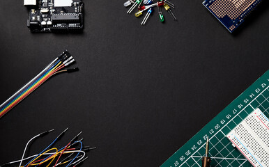 Overhead Flat Lay Shot Of Electronic Computer Components On Black Background