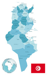 Naklejka premium Tunisia administrative blue-green map with country flag and location on a globe. Vector illustration