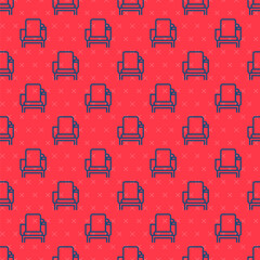 Blue line Cinema chair icon isolated seamless pattern on red background. Vector Illustration.