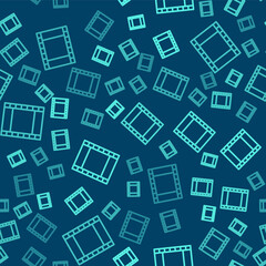 Green line Play Video icon isolated seamless pattern on blue background. Film strip sign. Vector Illustration.