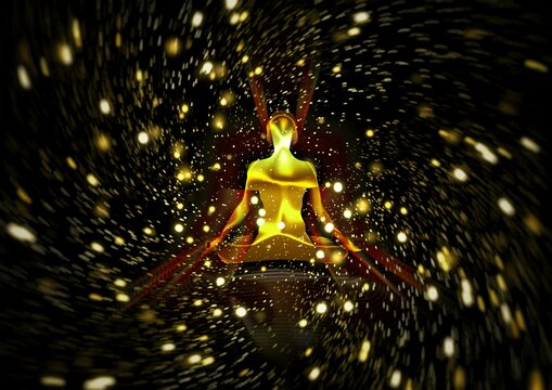 金色に光輝く瞑想する人の3Dイラスト
