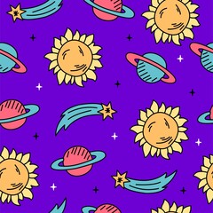 Vector seamless pattern with planets. Space background. Cartoon, bright print. - 363514442