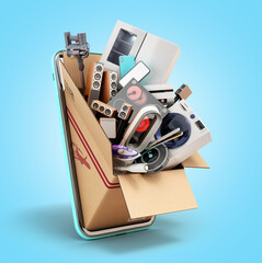 modern household appliances in a drawer peeps from the screen of a mobile phone 3d render on blue gradient